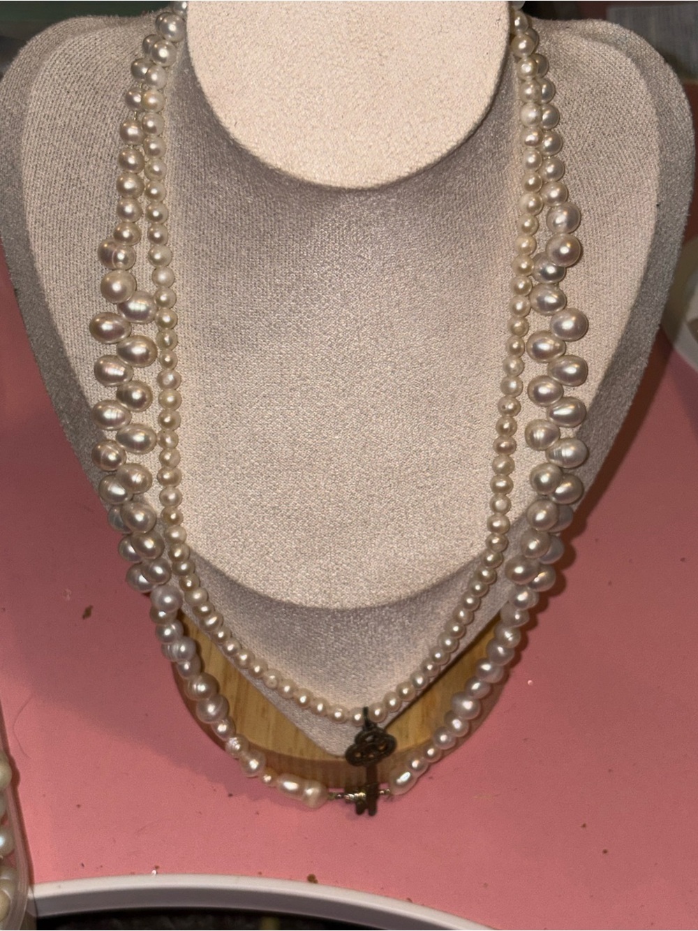 Genuine Freshwater Pearl Extra Long Necklace Antique Key Pendant Baroque Pearls